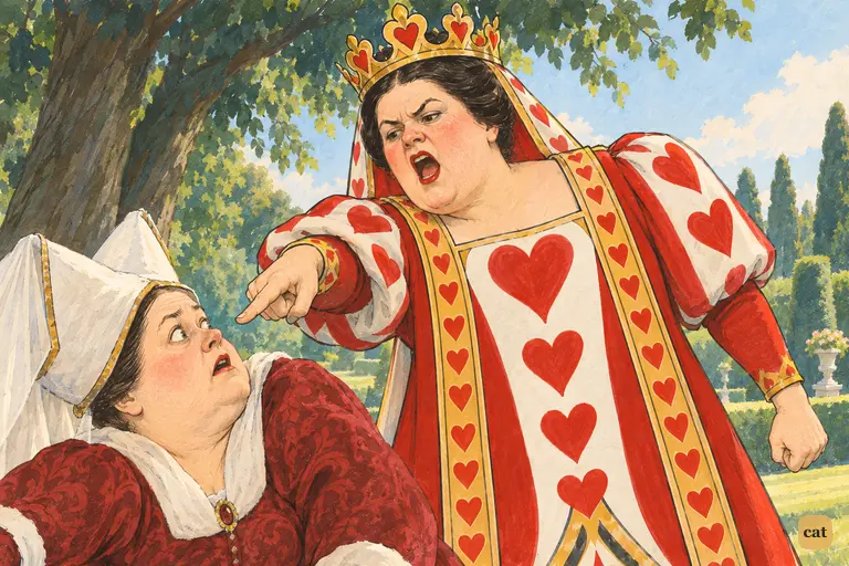 The Queen of Hearts stamps at the Duchess: either you or your head must be off