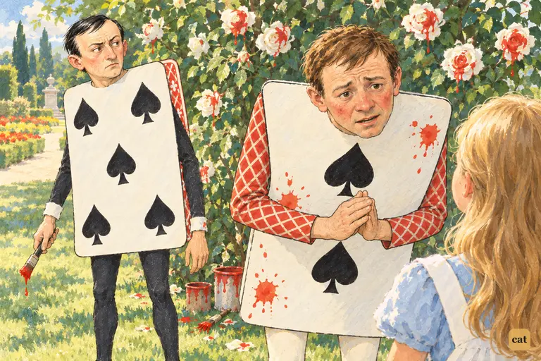 Two quietly tells Alice the gardeners planted a white rose-tree instead of a red one