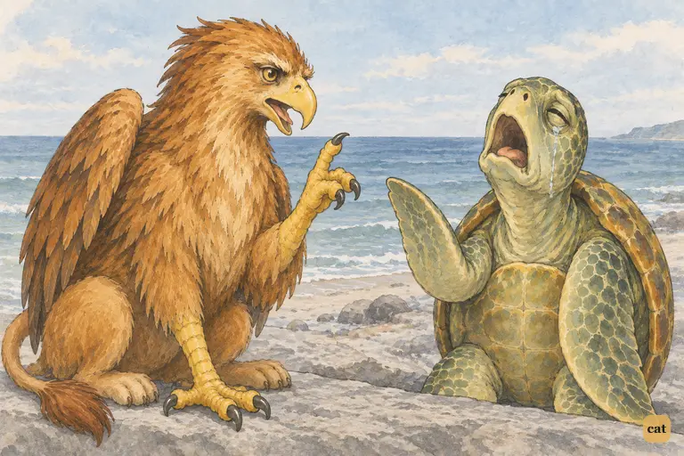 The drowsy Mock Turtle yawns, shuts his eyes and waves the explanation to the Gryphon
