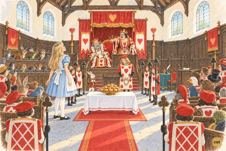 The Queen of Hearts shrieks "Off with her head!" down the long crimson aisle of the court.
