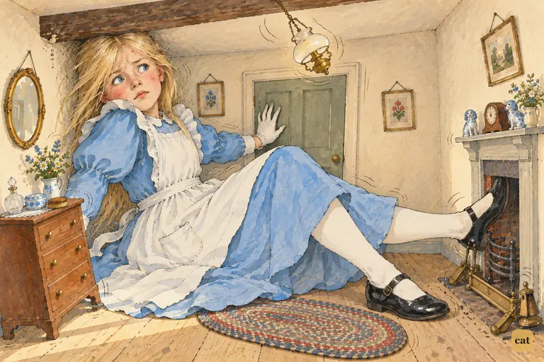 Enormous Alice, wedged in the Rabbit's room, hears his feet pattering up the stairs