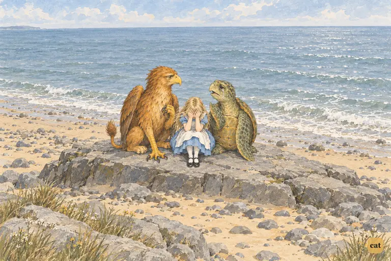 Alice sits hunched on a low grey rock ledge by a wide, calm sea, with her face hidden in her hands.