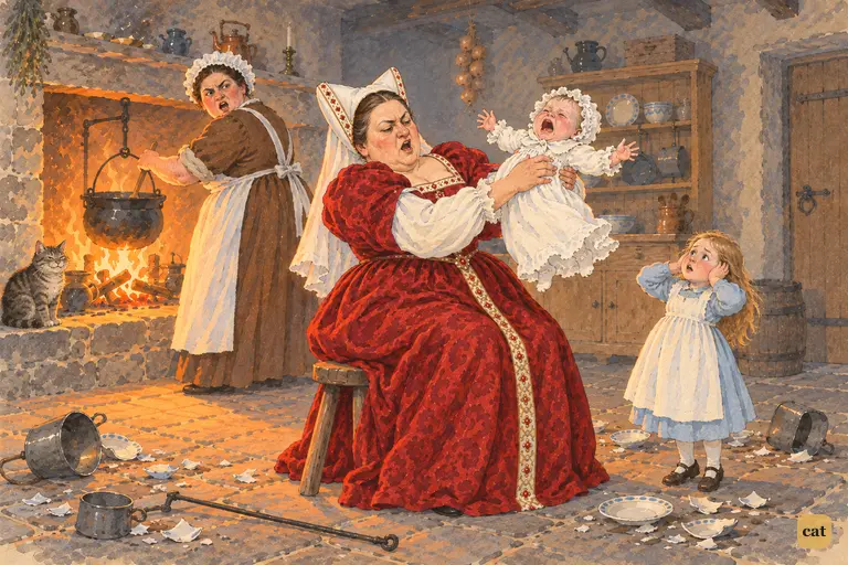 On her stool, the Duchess sings a rough lullaby, shaking the howling baby at every line