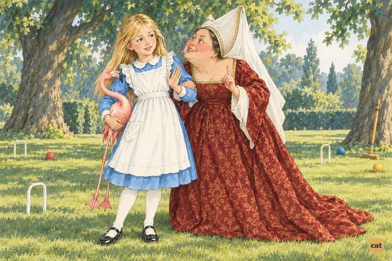 Alice is arm in arm with the beaming Duchess on the edge of the croquet-ground.
