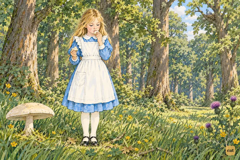 Back among the tree trunks, Alice carefully nibbles mushroom to regain her usual height
