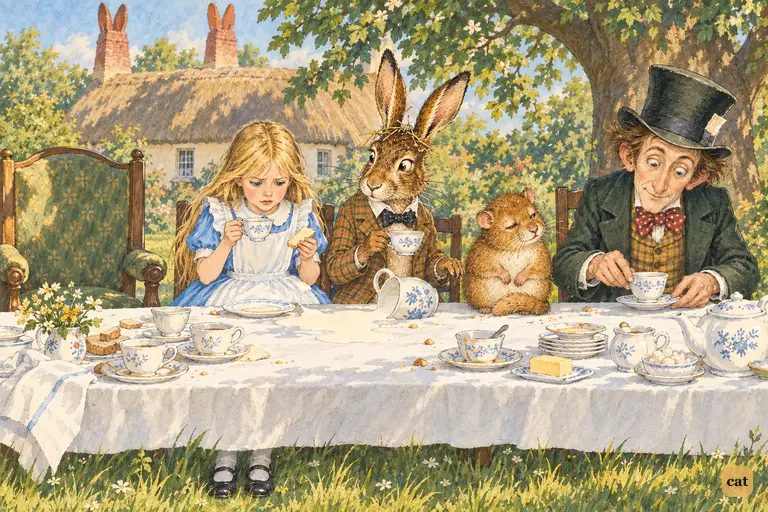 At the Hatter's whim the tea-party moves one place along the table.