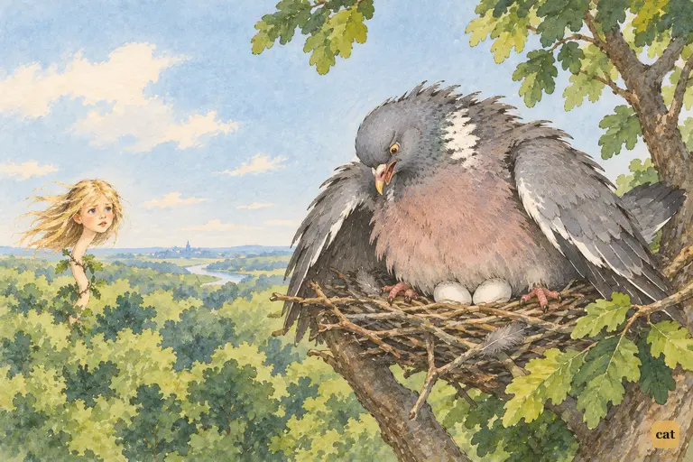 The worn-out Pigeon sits hunched over her pale eggs in the highest tree of the wood.