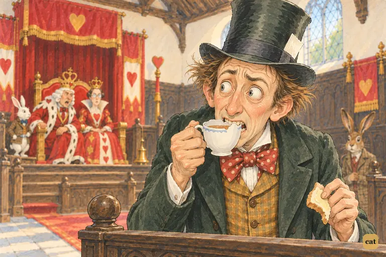 The frightened Hatter bites a large crescent out of his teacup, staring at the Queen
