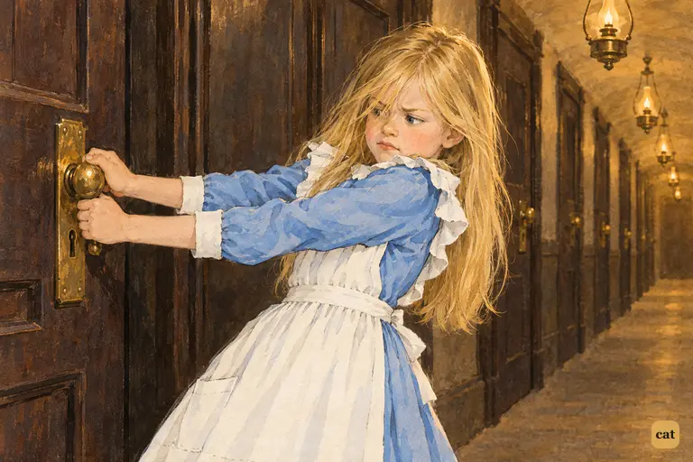 In the long, low hall, Alice pulls with all her strength at a locked door.