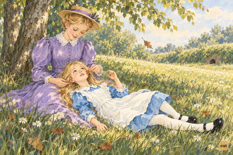 Alice wakes on the sunlit bank with her head in her sister's lap.