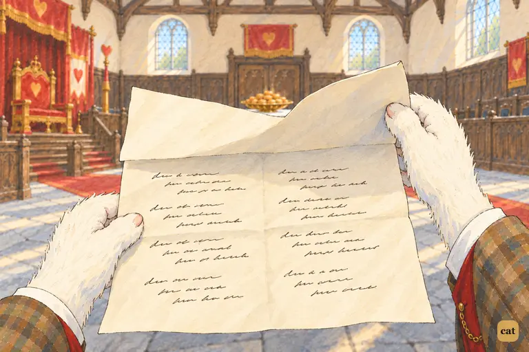 In the White Rabbit's paws, the blank paper found as evidence unfolds halfway.