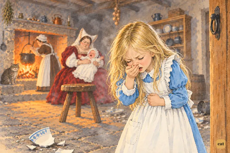 In the Duchess's smoky kitchen, Alice doubles over sneezing in a cloud of grey pepper