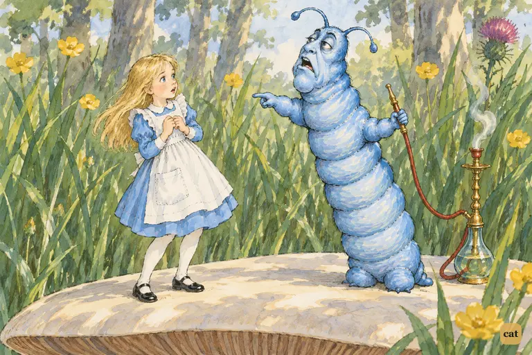 The Caterpillar is offended by Alice's "wretched height" and rears up to his full three inches.