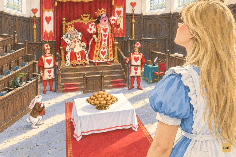 The purple-faced Queen of Hearts shakes her fist up at giant Alice: hold your tongue