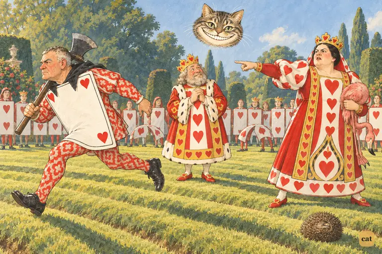 The executioner races out of the silent ring of cards to fetch the Duchess.