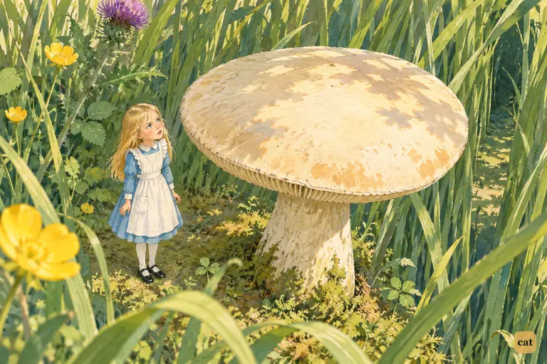 With the Caterpillar gone, three-inch Alice stands alone beside the great mushroom