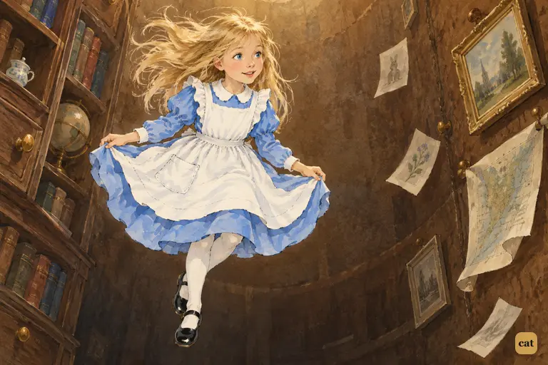 Floating down the well, Alice curtseys to a lady who isn't there