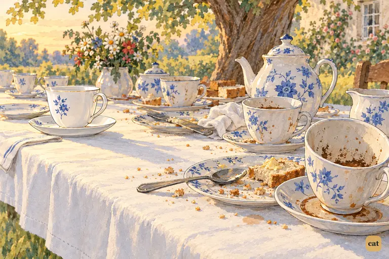 A row of used cups and crumby plates leads along the tablecloth to the first clean cup
