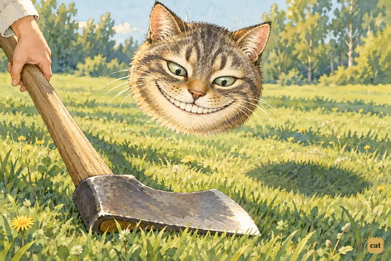 The executioner's axe lies on the croquet lawn under the Cheshire Cat's grinning head