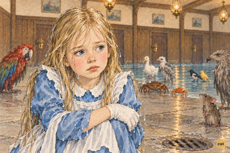 Alice sits on the stone floor, soaked and hugging her knees.