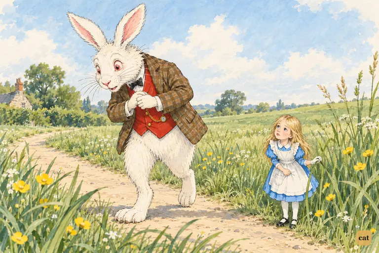 The White Rabbit trots anxiously along a sunny path, searching for his gloves and fan