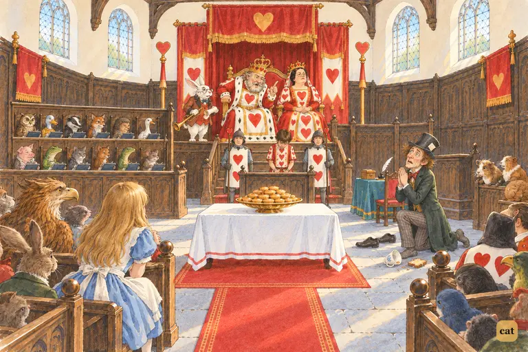 The Hatter drops his teacup and bread-and-butter and kneels in his socks at the witness-box.