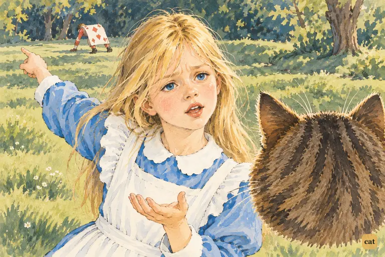 Alice pours out her grievances about the chaotic croquet game to the Cheshire Cat's floating head.