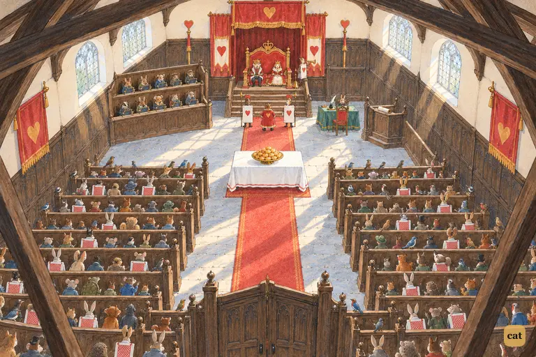 From high in the roof beams, the packed court of justice waits for the trial