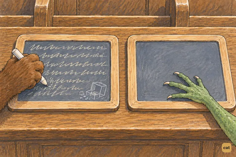 Two slates lie side by side on the jury-box ledge after the upset.