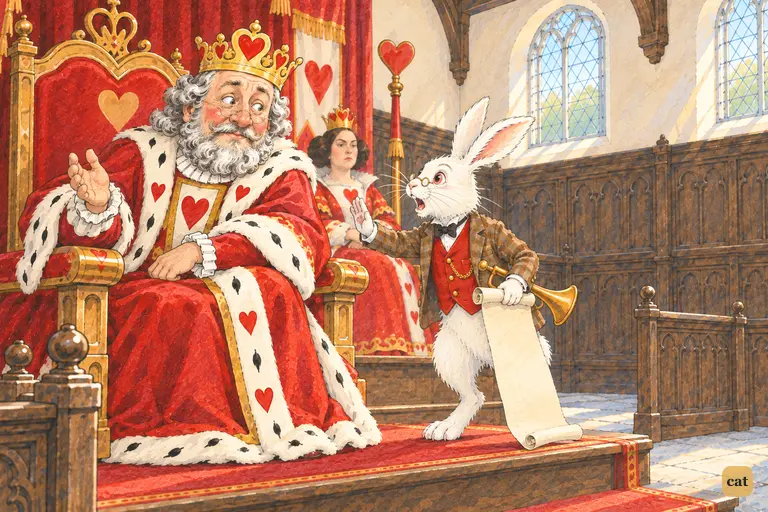 The King of Hearts turns to ask the jury for a verdict before any evidence has been heard.