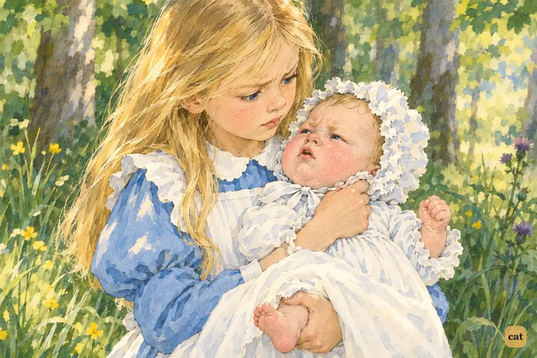 In the leafy shade of the wood, Alice bends over the baby she carried out of the Duchess's kitchen.