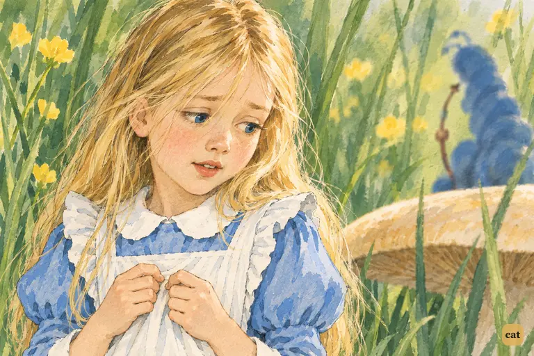 Alice answers the Caterpillar's "Who are you?" shyly and haltingly.