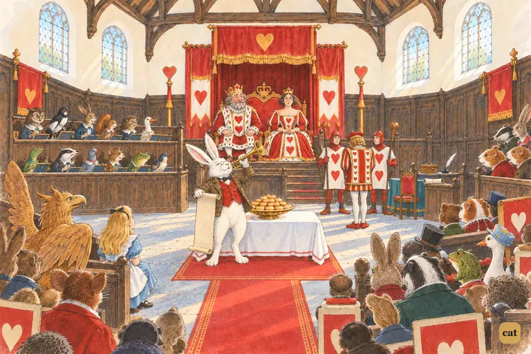 The White Rabbit blows three blasts on his trumpet to open the trial