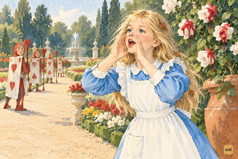 Alice shouts her daring "Yes!" across the Queen's garden beside the half-painted rose-tree.