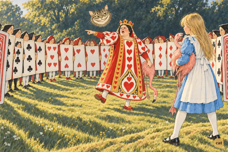 The Queen of Hearts threatens to execute everybody while card people stand silent