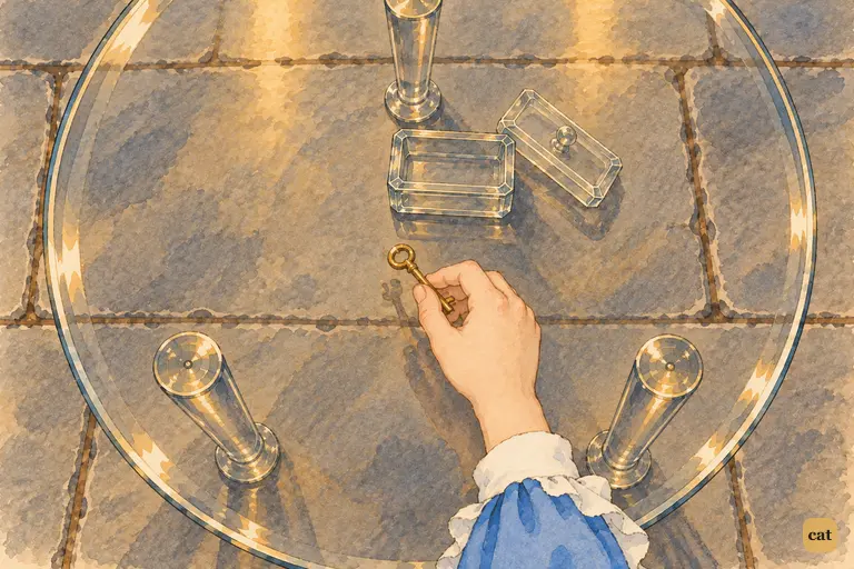 Seen through the glass tabletop, a child's hand picks up the tiny golden key