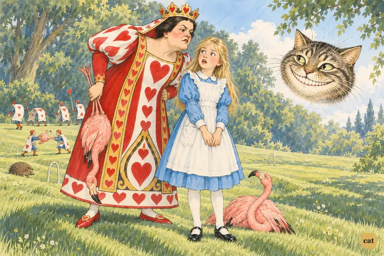 Alice sees the Queen behind her and switches to 'likely to win' mid-sentence