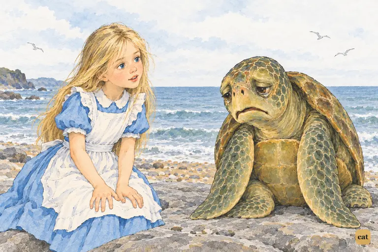 Alice leans forward as the Mock Turtle sighs that he only took the regular course