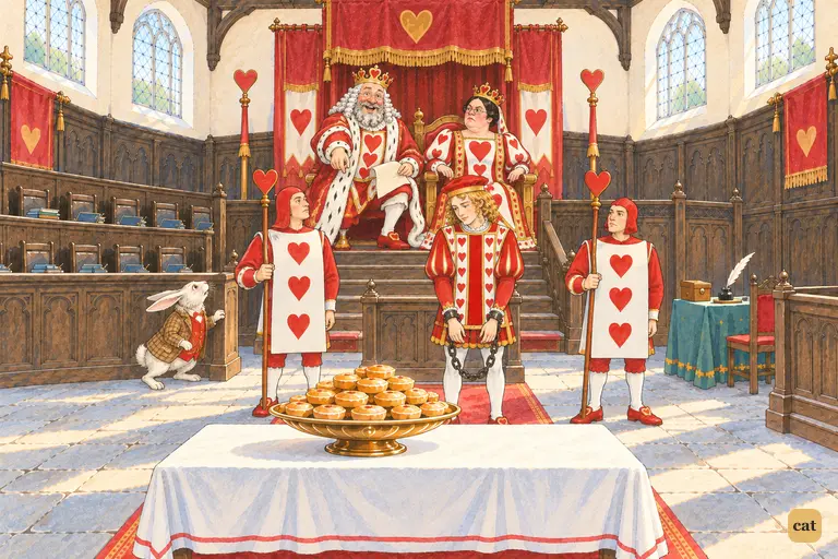 The King of Hearts points in triumph at the dish of tarts on the table