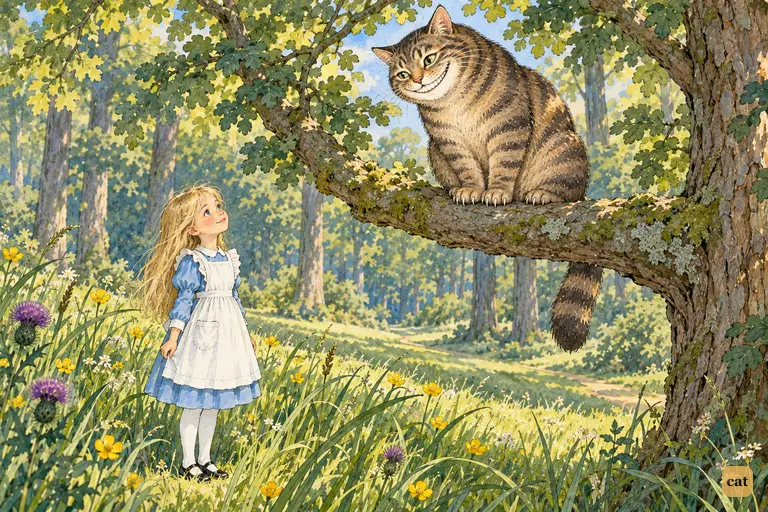 Nine-inch Alice watches the Cheshire Cat reappear whole on his low bough