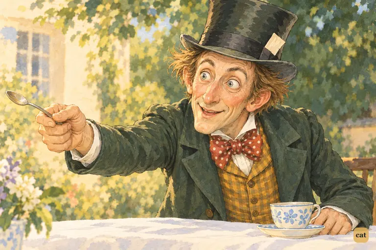 The Hatter jabs his teaspoon at Alice, grinning as he turns her own rebuke on her