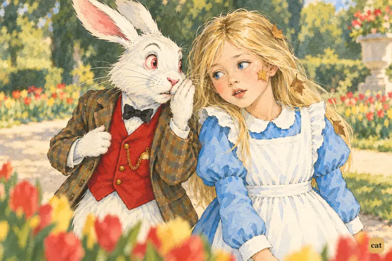 In the procession, the White Rabbit whispers to Alice that the Duchess faces execution