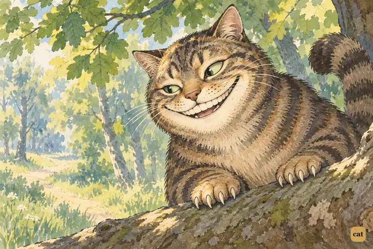 Grinning on his bough, the Cheshire Cat tells Alice there's no escaping madness