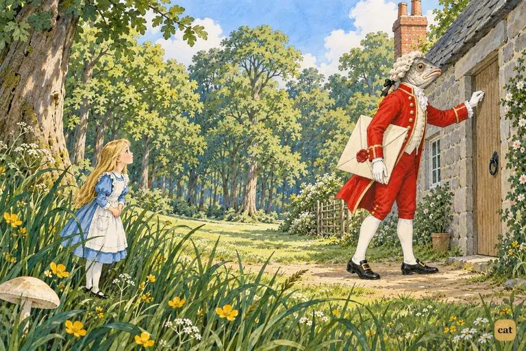 Alice, only nine inches tall, stands in the tall grass at the edge of the wood.