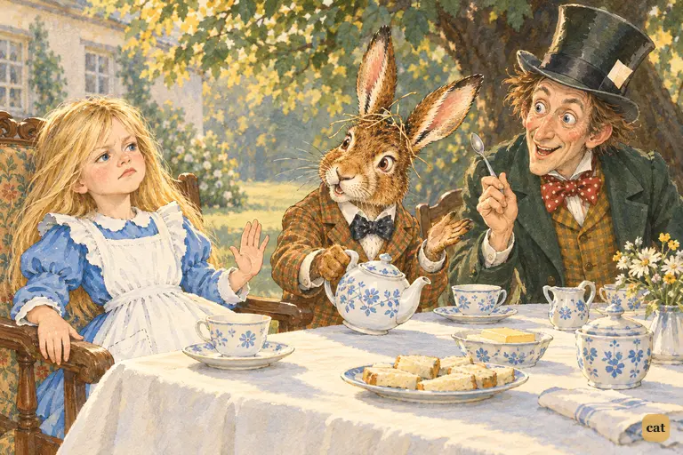 The March Hare pushes the teapot towards Alice's empty cup.
