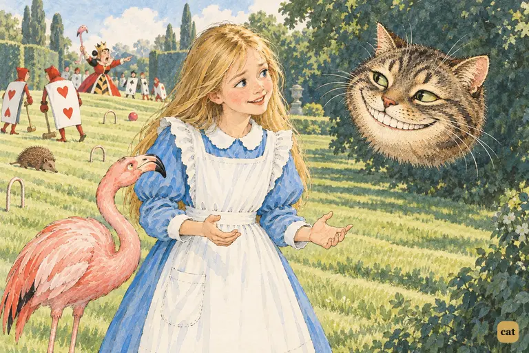 Alice sets down her flamingo and starts telling the Cheshire Cat about the game