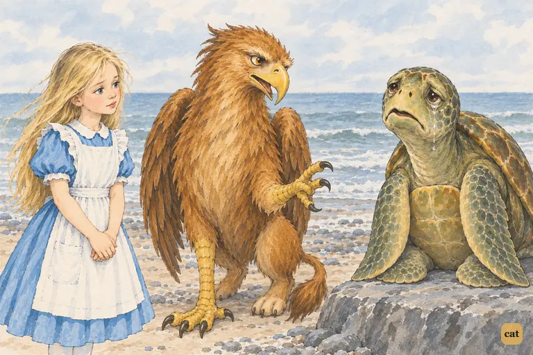 The Gryphon presents Alice to the weeping Mock Turtle on his rock ledge by the grey sea.
