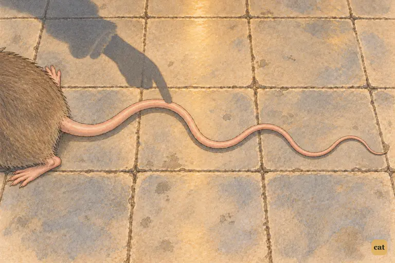 From above, the Mouse's long tail winds across the stone flags in shrinking bends