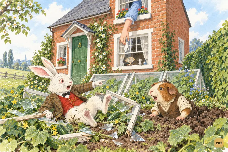 The White Rabbit lies sprawled in a smashed cucumber-frame and shouts for his servant.
