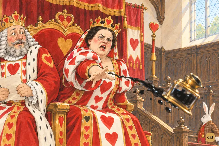 The Queen of Hearts shouts "Never!" and hurls an inkstand across the court at the Lizard.